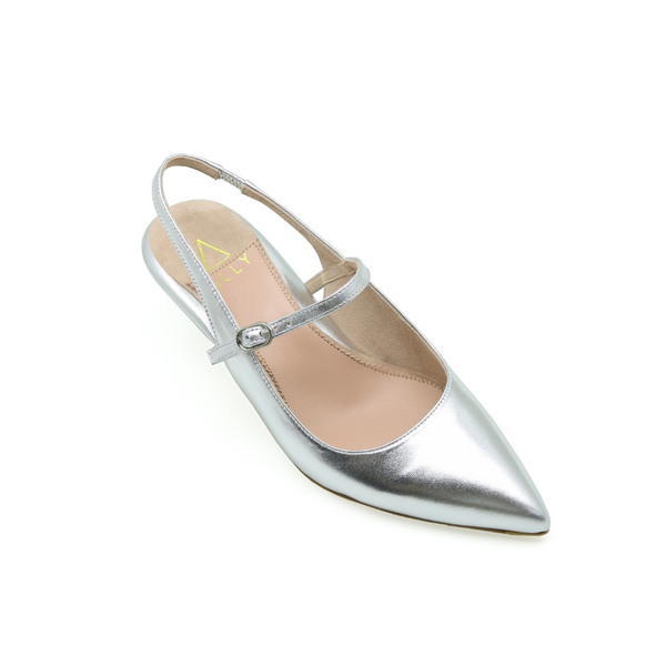 Silver Metallic Leather Mary Jane Slingback Kitten Heel | ALLY Silver Metallic Leather Mary Jane Slingback Kitten Heel | ALLY