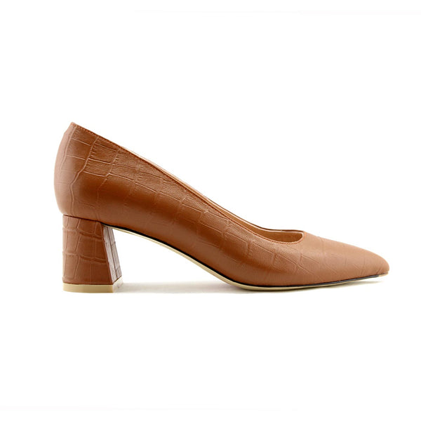 Cognac Embossed Leather Lower Block Heel ALLY Shoes