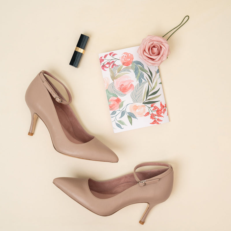 Bossy Beige Leather Ankle Strap Pump