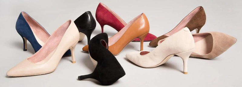 Multi pairs of ALLY heels showcasing different styles and heel heights.