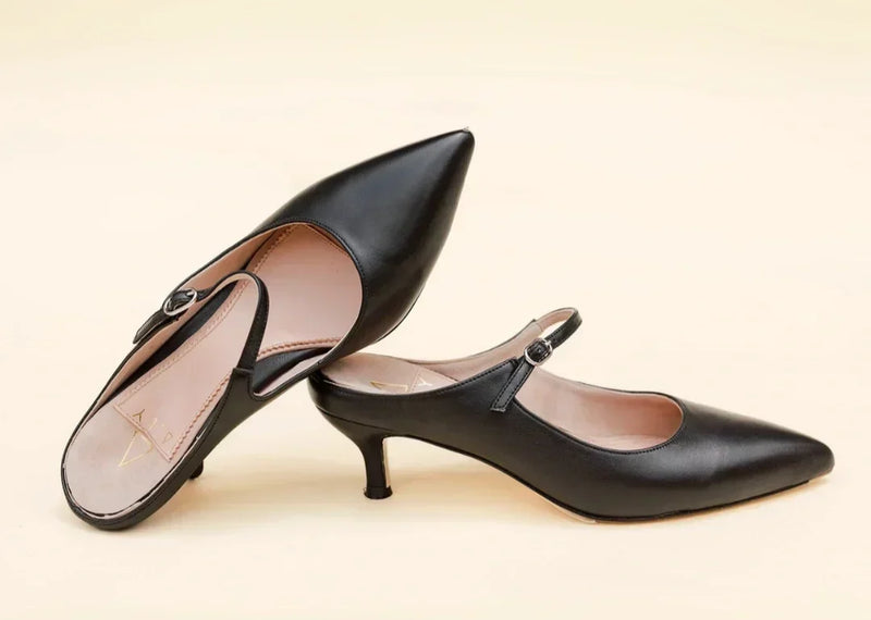 A pair of ALLY black leather kitten mule heels