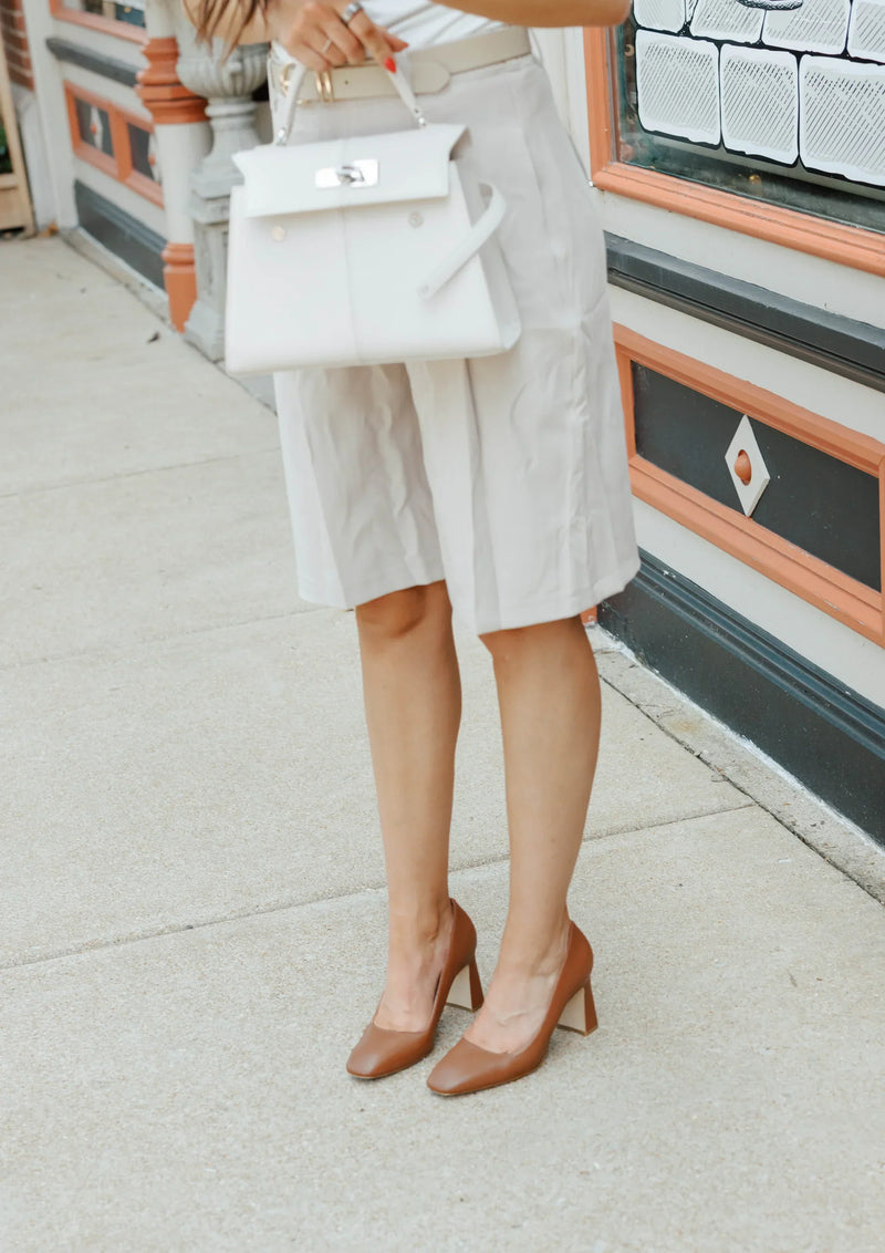 ALLY Shoes heels styled with a modern outfit for a square toe vs pointed toe comparison.