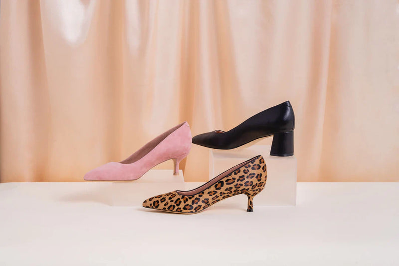 A display of both Kitten Heels and a black Lower Block Heel from ALLY.