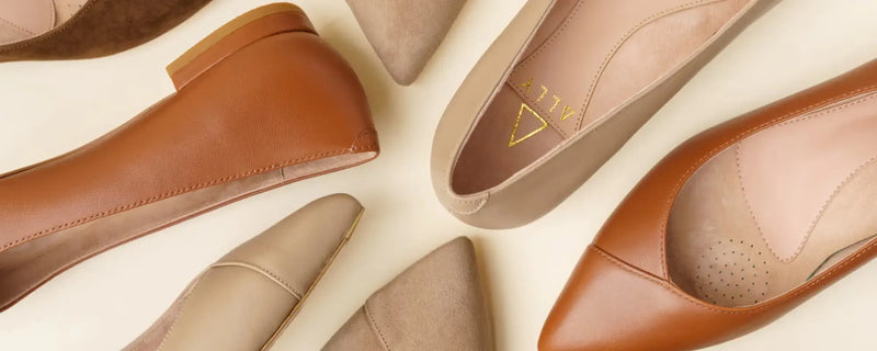ALLY Shoes neutral leather and suede flats in tan, beige, and taupe shades on a cream background.