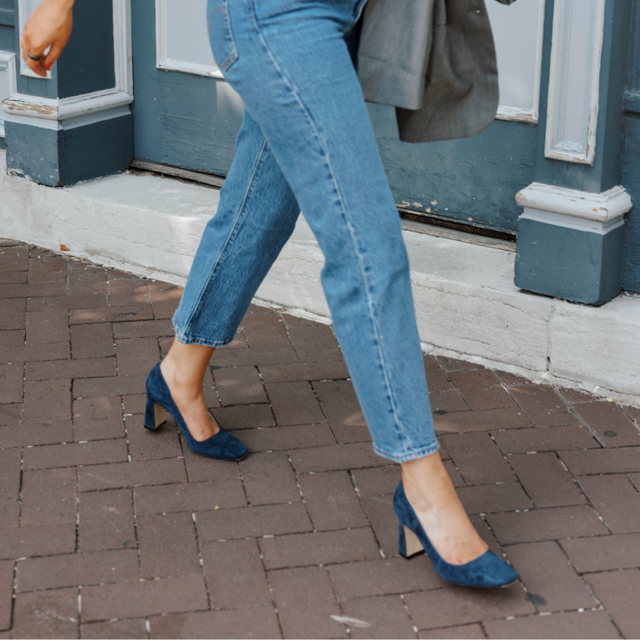 Noble Navy Suede Square Toe Bold Block Heel