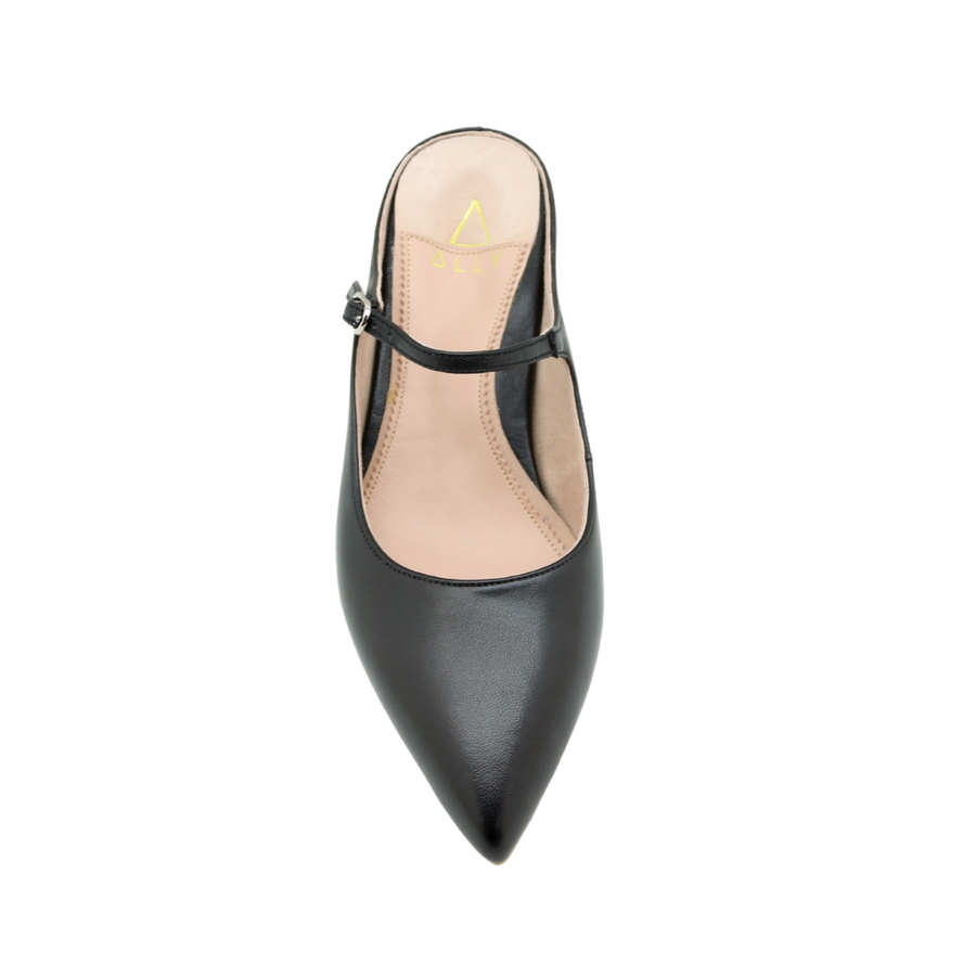 Black Leather Mary Jane Kitten Mule