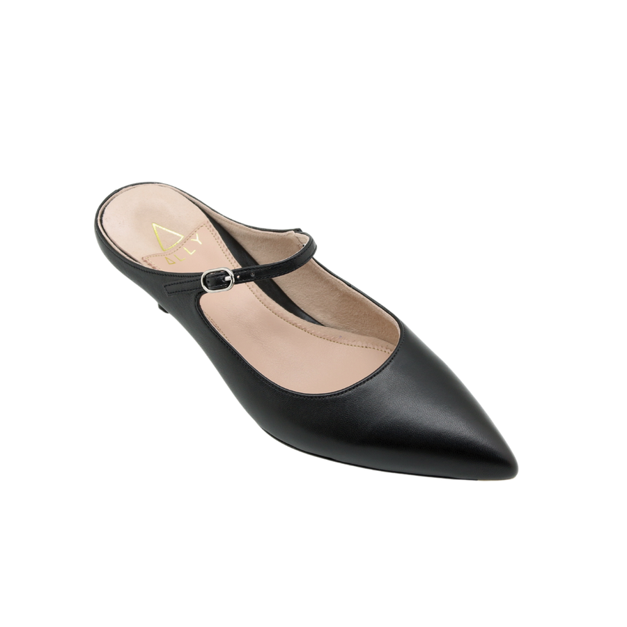 Black Leather Mary Jane Kitten Mule