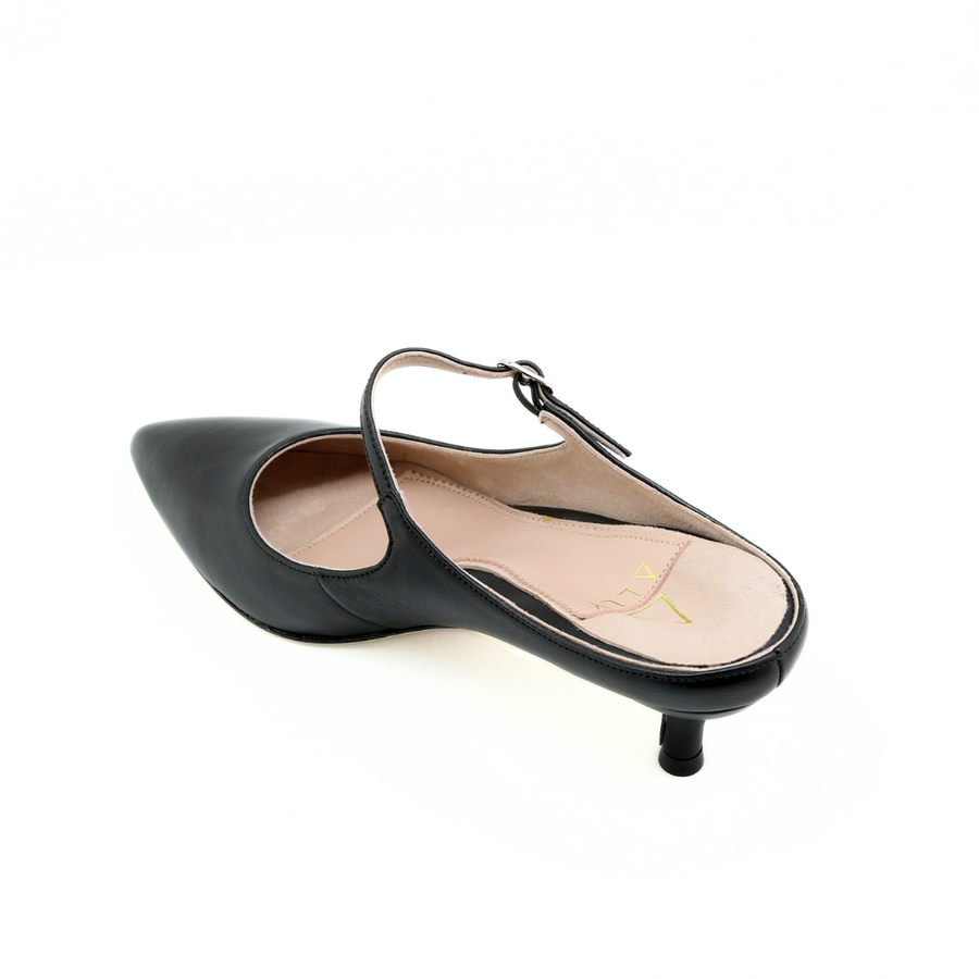 Black Leather Mary Jane Kitten Mule