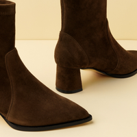 Chocolate Brown Suede Lower Block Sock Bootie