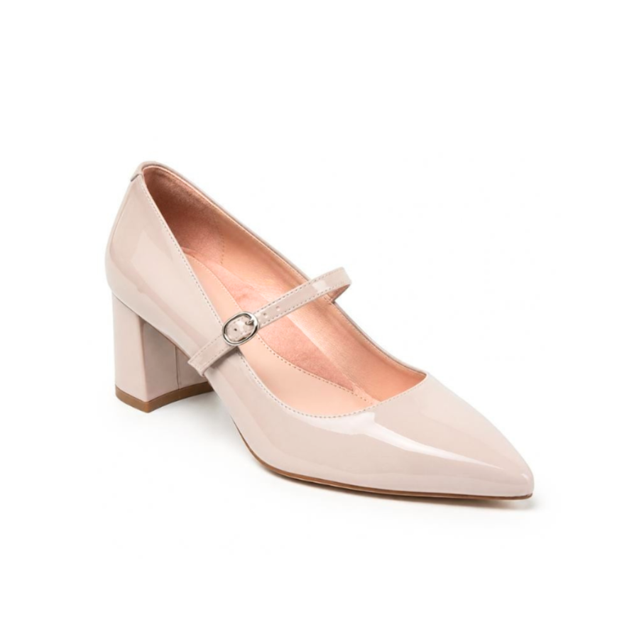 Tender Taupe Patent Leather Mary Jane Lower Block Heel