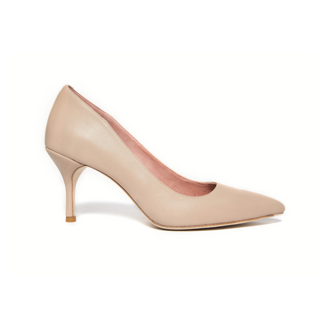 Beige Leather - Comfortable Block Heel Pump - Ally Shoes