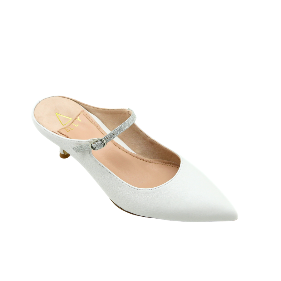 White Leather & Silver Shimmer Mary Jane Kitten Mule