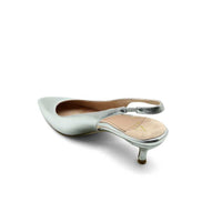 Silver Metallic Leather Slingback Kitten Heel