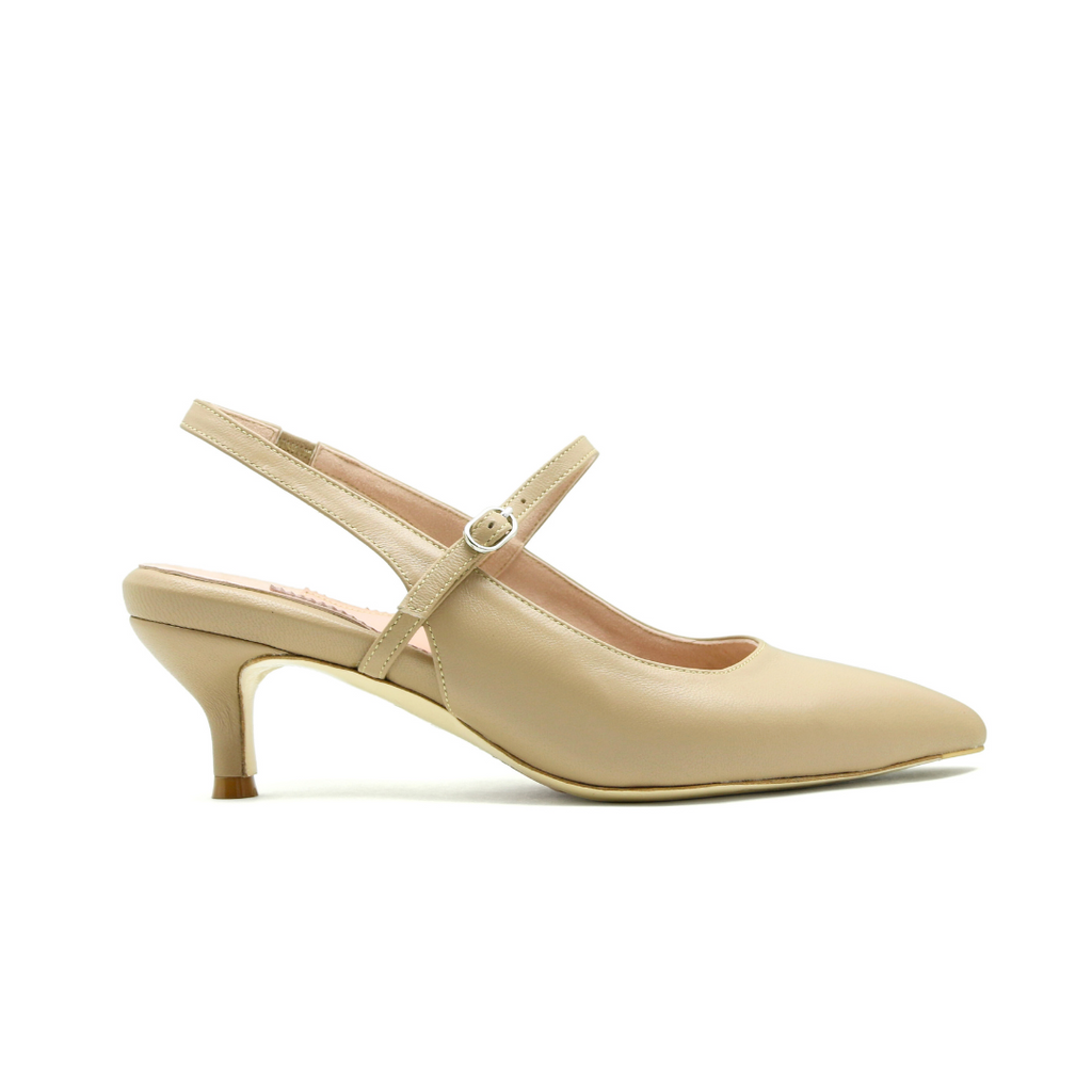 Tender Taupe Patent Leather Mary Jane Slingback Kitten Heel