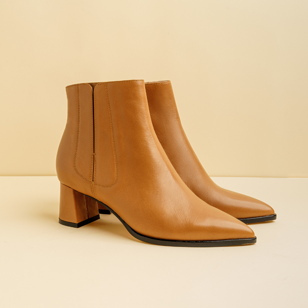 Camel Calf Leather Lower Block Ankle Boot