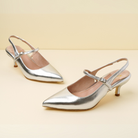 Silver Metallic Leather Mary Jane Slingback Kitten Heel