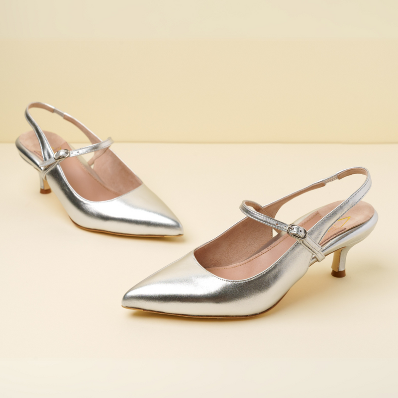 Silver Metallic Leather Mary Jane Slingback Kitten Heel