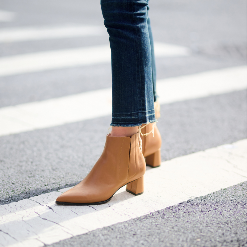 Camel Calf Leather Lower Block Ankle Boot