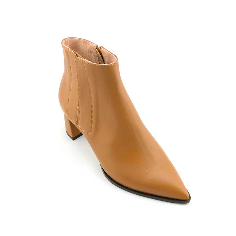 Camel Calf Leather Bold Block Ankle Boot ALLY Shoes