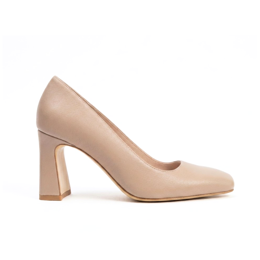 Bossy Beige Leather Square Toe Bold Block Heel