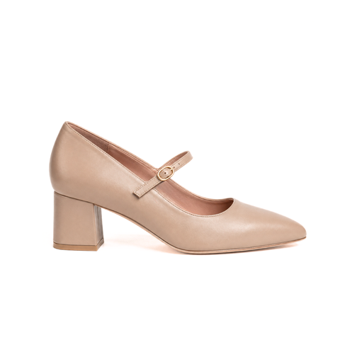 Bossy Beige Leather Mary Jane Lower Block Heel