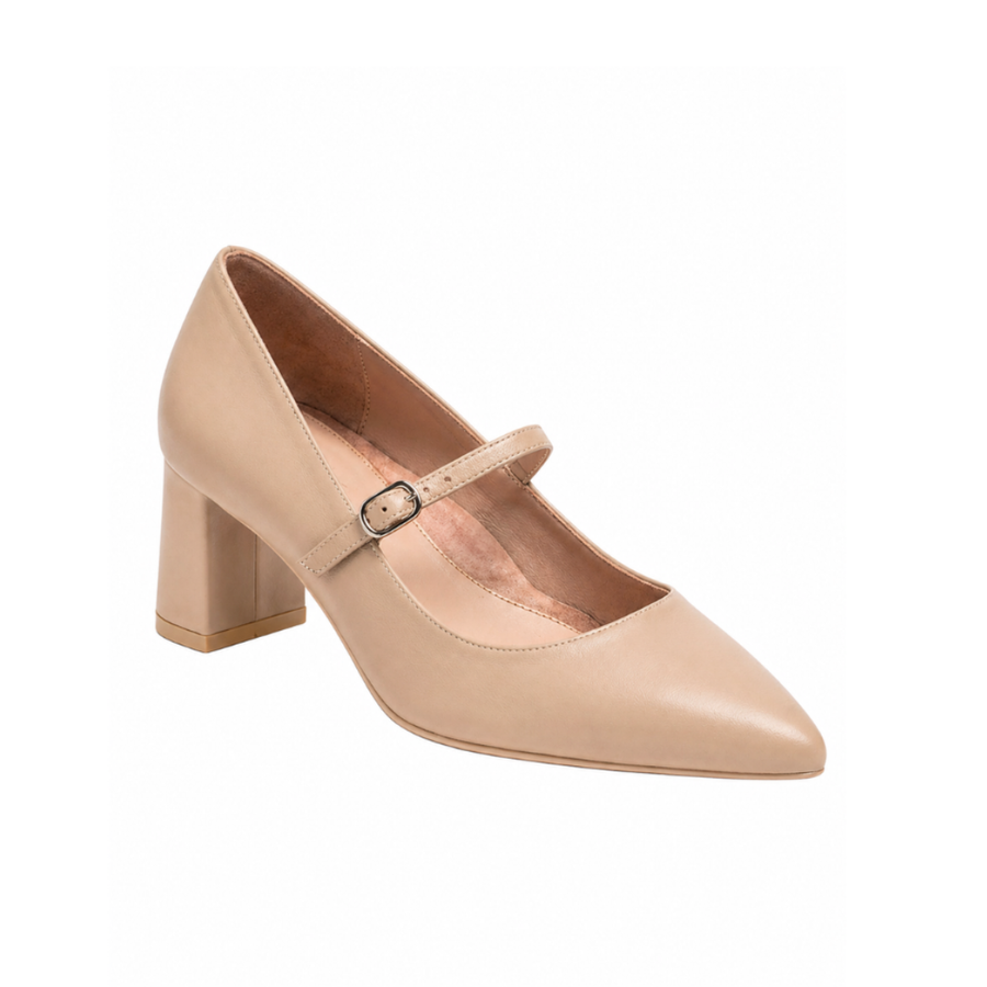 Bossy Beige Leather Mary Jane Lower Block Heel