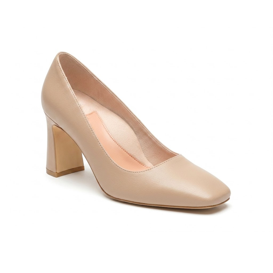 Bossy Beige Leather Square Toe Bold Block Heel