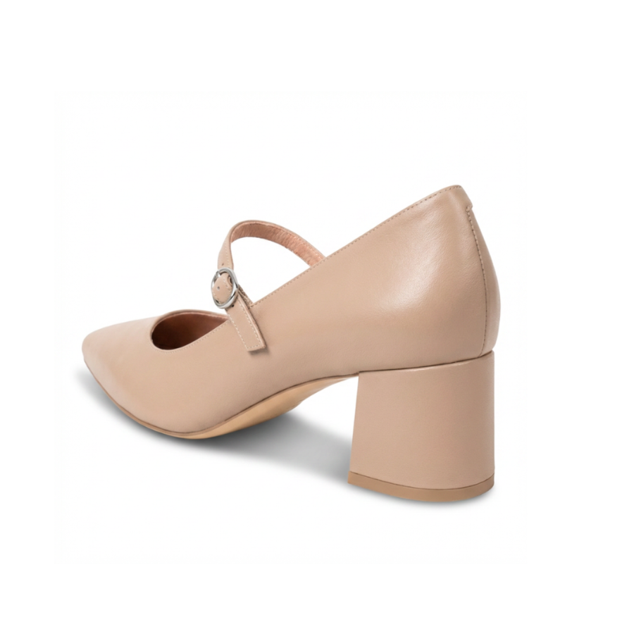 Bossy Beige Leather Mary Jane Lower Block Heel