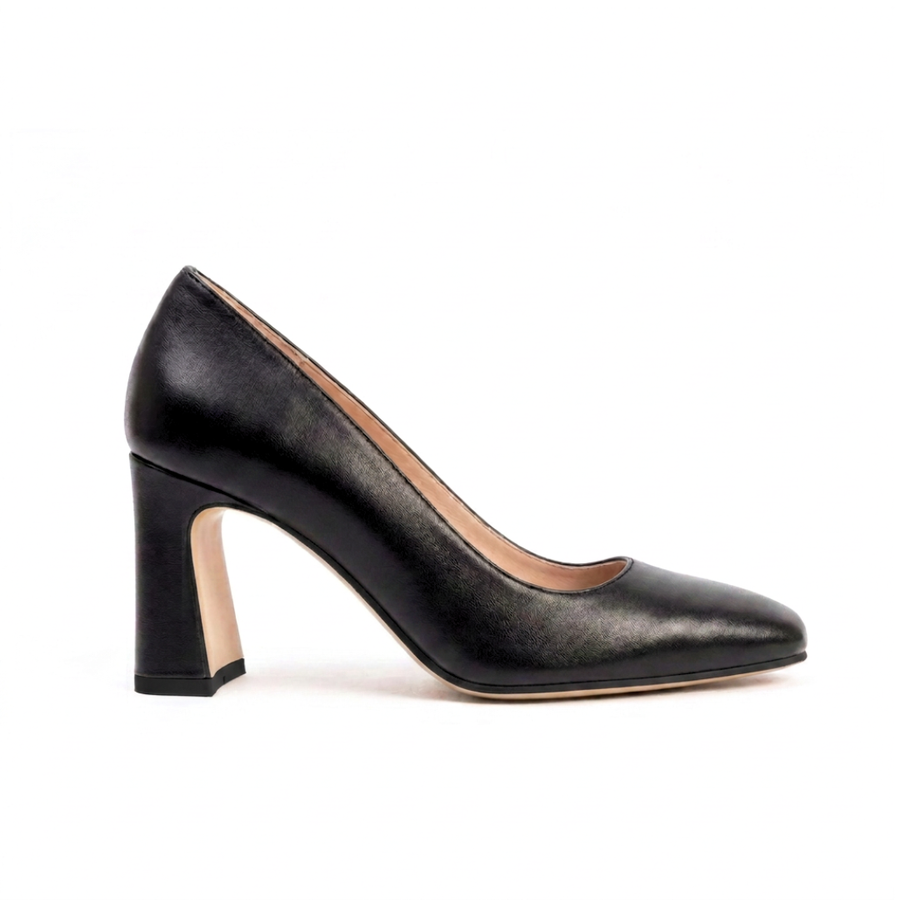 Black Leather Square Toe Bold Block Heel