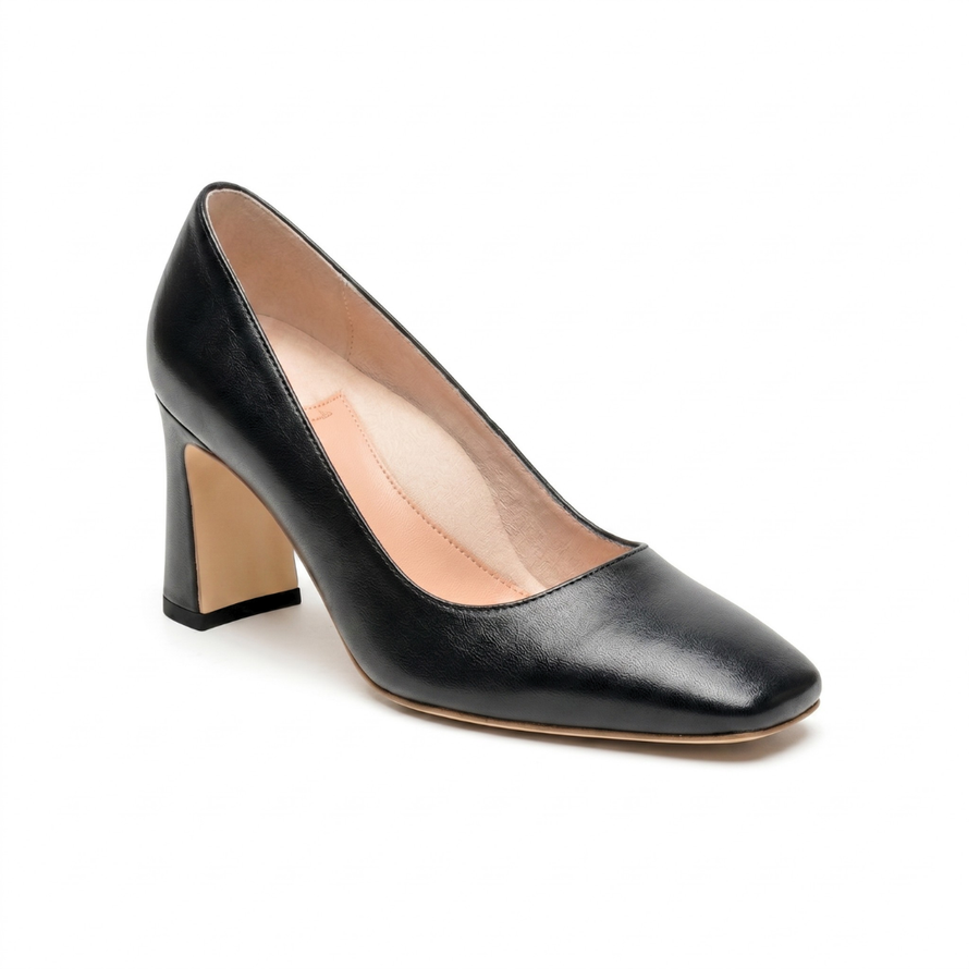 New Black Leather Square Toe Bold Block Heel for a modern polished look.