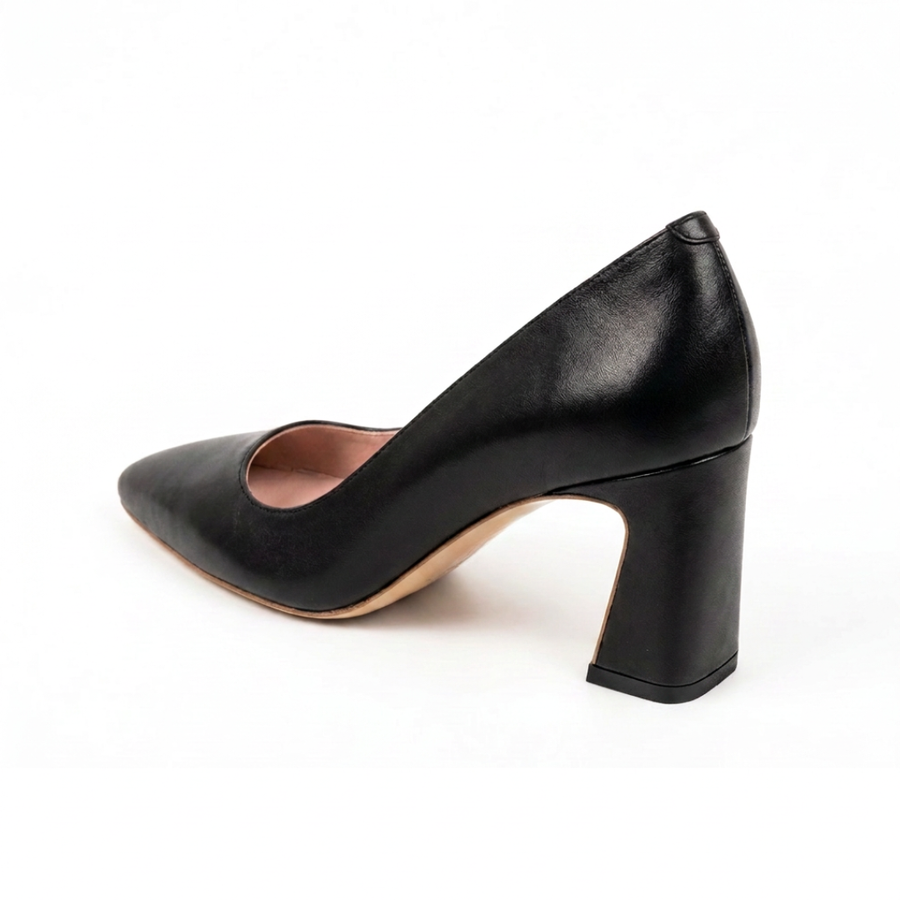 Black Leather Square Toe Bold Block Heel
