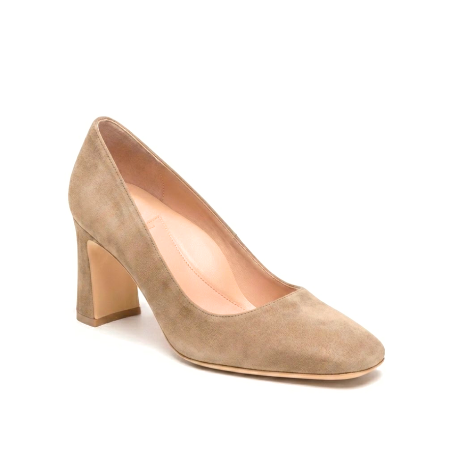 Tenacious Tan Suede Square Toe Bold Block Heel