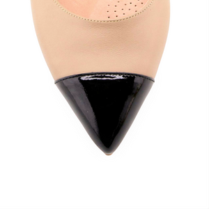 Bossy Beige Leather with Black Patent Leather Cap Toe Flat
