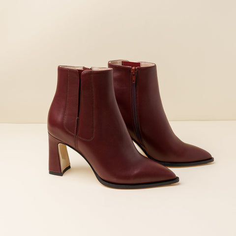 [NEW] Burgundy Calf Leather Bold Block Ankle Boot