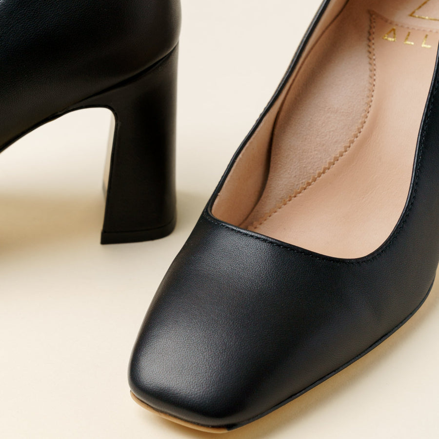 Black Leather Square Toe Bold Block Heel