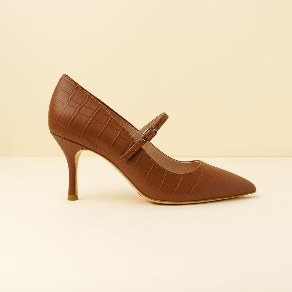 Cognac Embossed Leather Mary Jane Pump