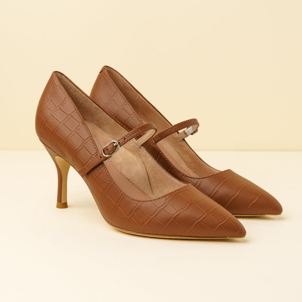 Cognac Embossed Leather Mary Jane Pump