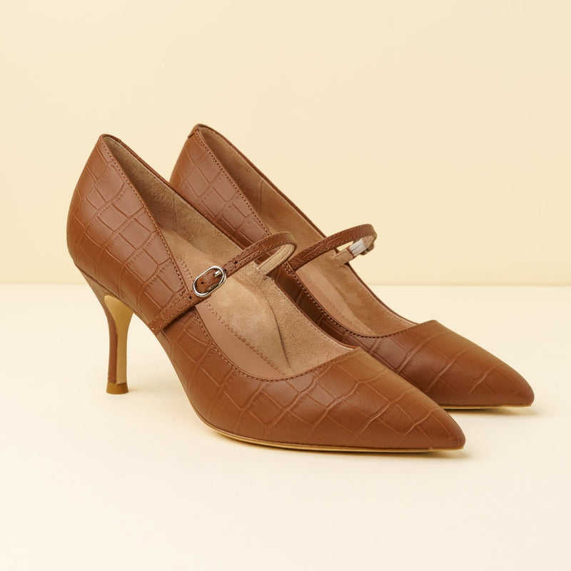 Cognac Embossed Leather Mary Jane Pump