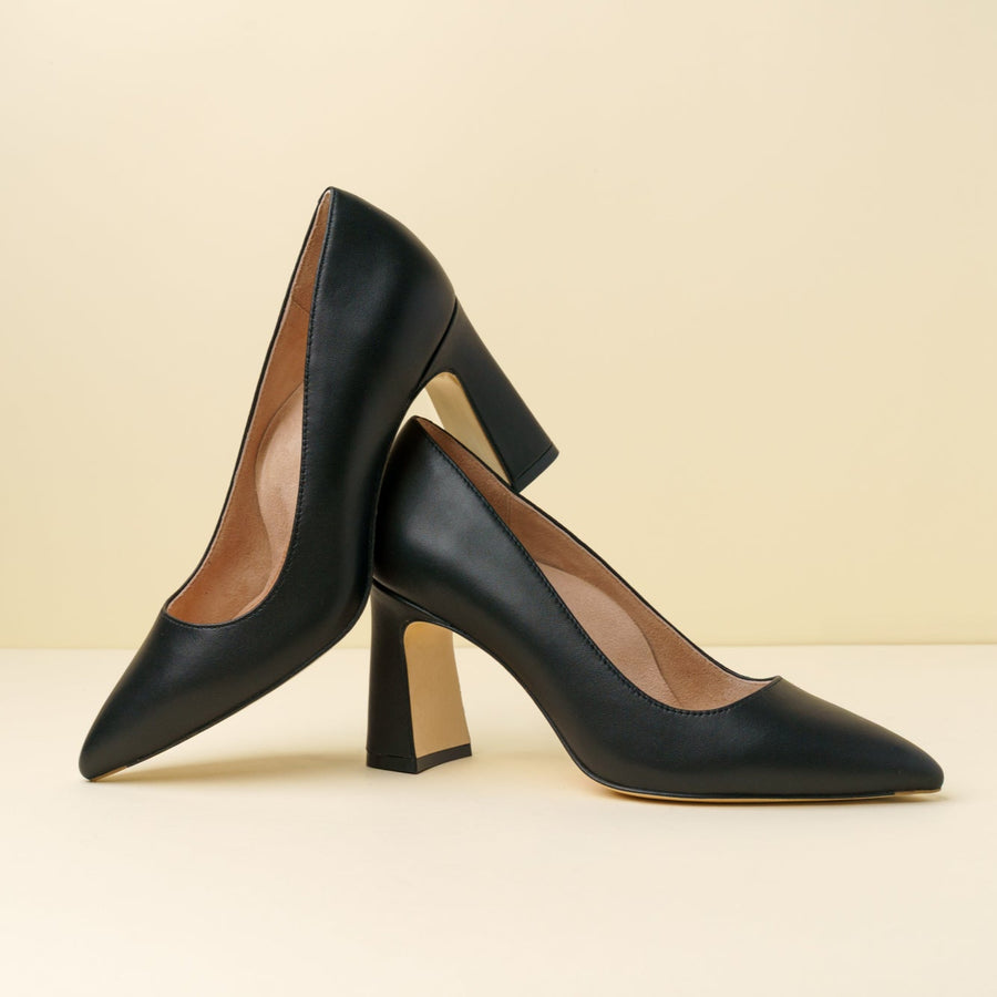 Black Leather Block Heel Pump