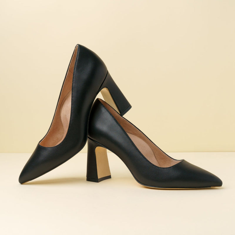 Black Leather Block Heel Pump