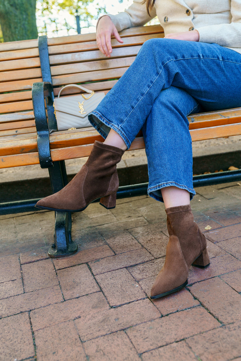 Chocolate Brown Suede Lower Block Sock Bootie