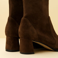 Chocolate Brown Suede Lower Block Sock Bootie