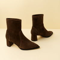 Chocolate Brown Suede Lower Block Sock Bootie