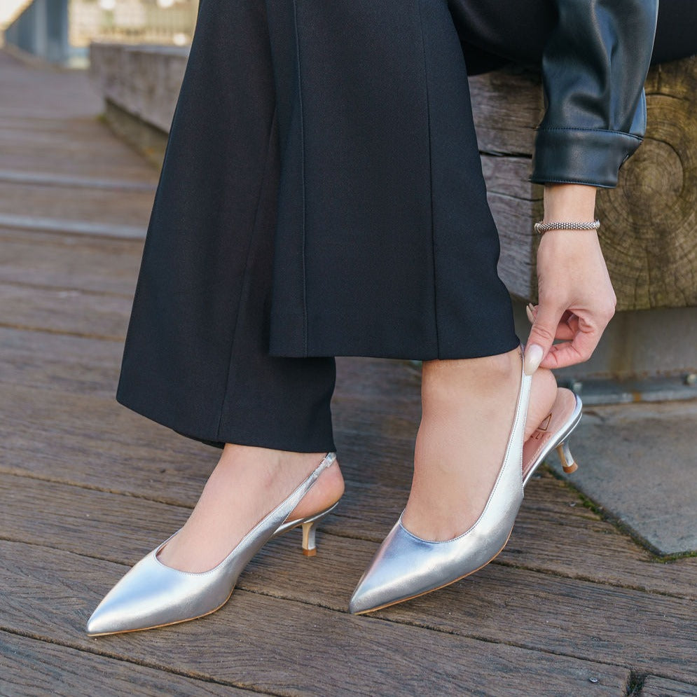 Silver Metallic Leather Slingback Kitten Heel | ALLY Shoes