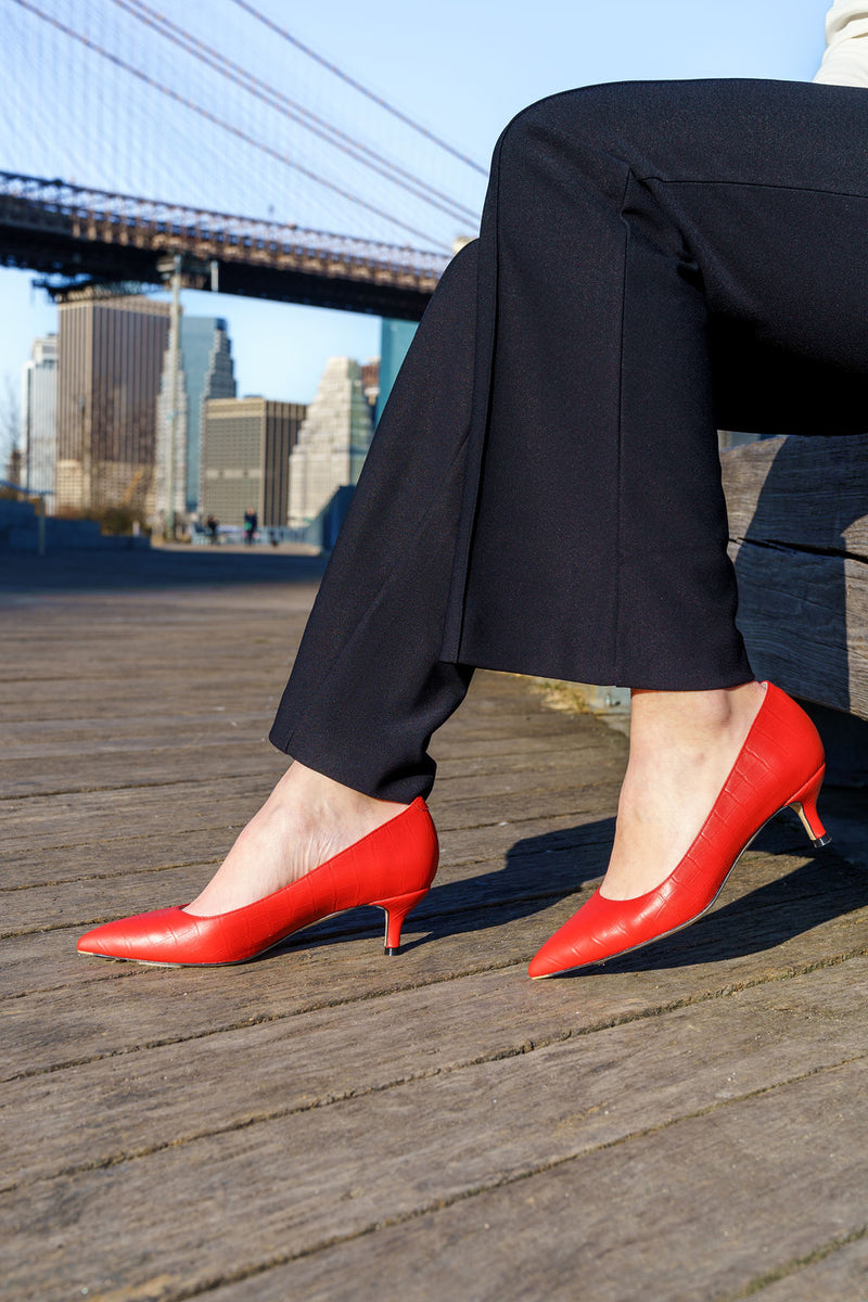 Scarlet Embossed Leather Kitten Heel