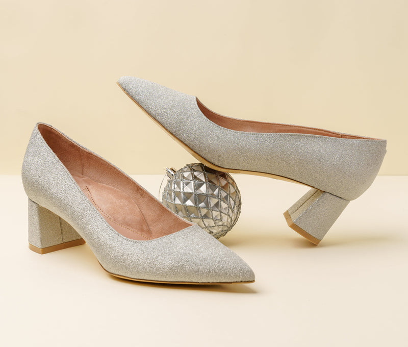 Silver Shimmer Lower Block Heel, 2 Inch