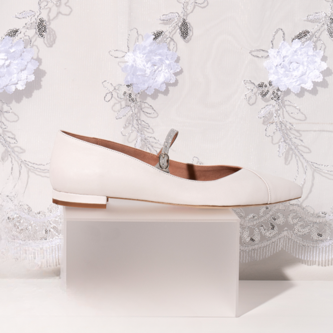 White Leather Mary Jane Flat with Silver Strap