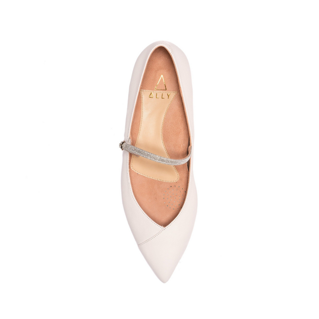 Classic White Leather Mary Jane Forever Flat (Silver Shimmer Strap)
