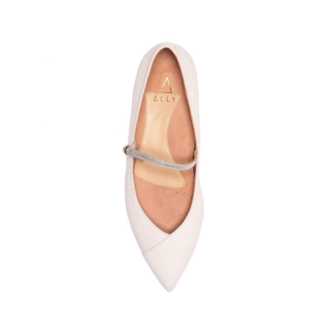 Classic White Leather Mary Jane Forever Flat (Silver Shimmer Strap