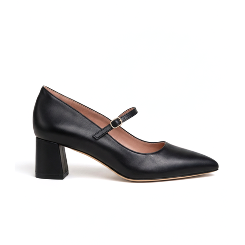 Black Leather Mary Jane Lower Block Heel